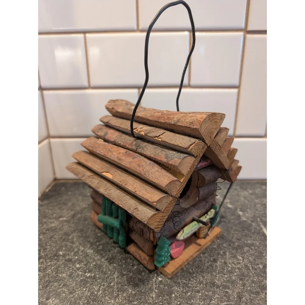 Handmade Rustic Log Cabin Birdhouse Wood Fishing Lodge Decor with Wire‎ Hanger